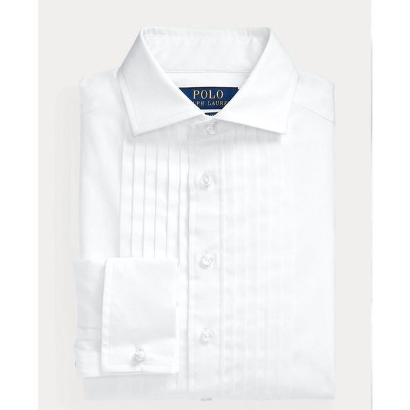 Boys polo white pleated from button down shirt size 16 slim fit